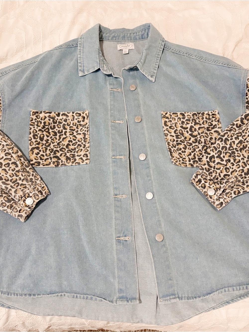 Mudpie Light Blue Denim Jacket with Leopard Trim - Women's